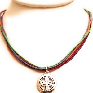 Rainbow Cord Peace Sign Necklace 16in